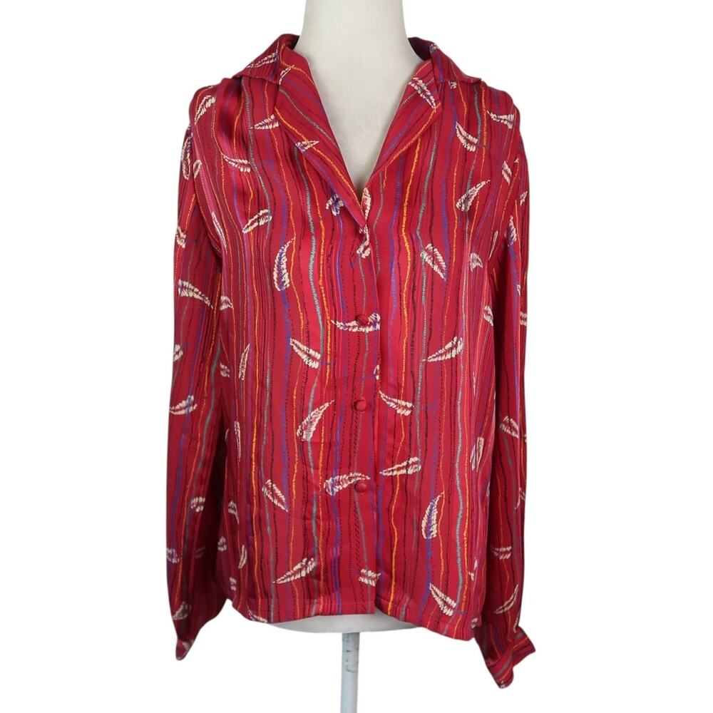 Vintage 80s Nicola Red Feather Stripe Print Button Down Blouse Top 8